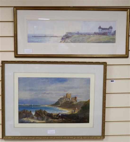 Robert Brindley, watercolour, West Cliff, Whitby, 14 x 59cm, and Sarah Johnson (19th C.), watercolour, Bamburgh Castle, signed, 32 x